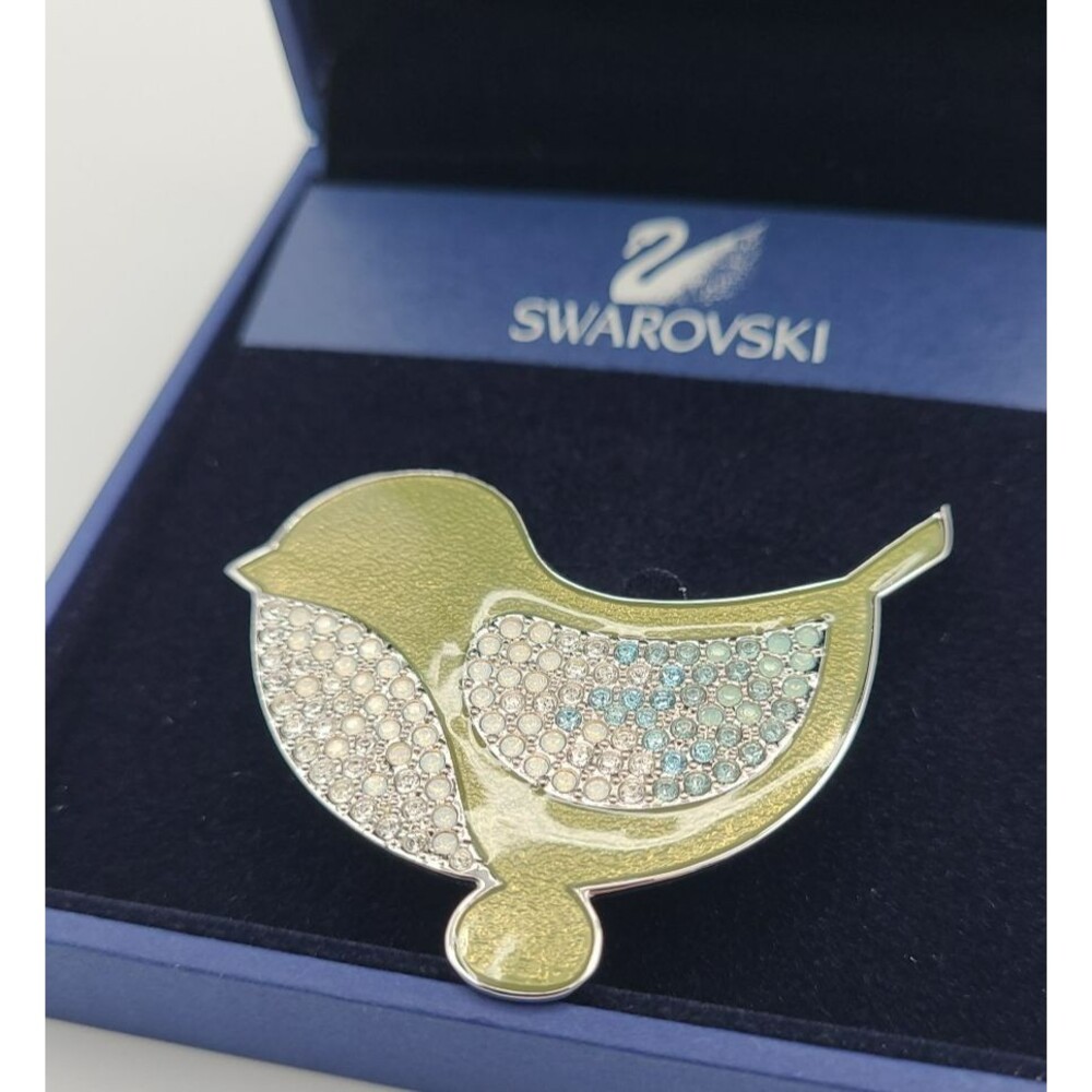 Vintage Swarovski Crystal Enamel Silver Sparrow Bird Rhinestone Brooch Pin NIB